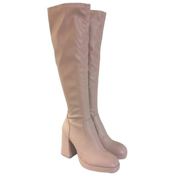 NEW Wide Fit Knee High Schuh Bella Tan Second Skin Platform Boots Size 8 - Picture 9 of 14